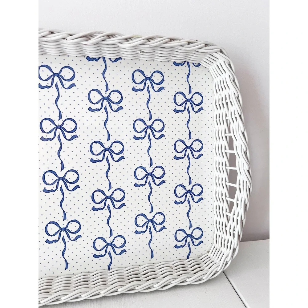 Large Blue & White Bow Print Tray with Wicker Rim Serving Tray, Tea Tray